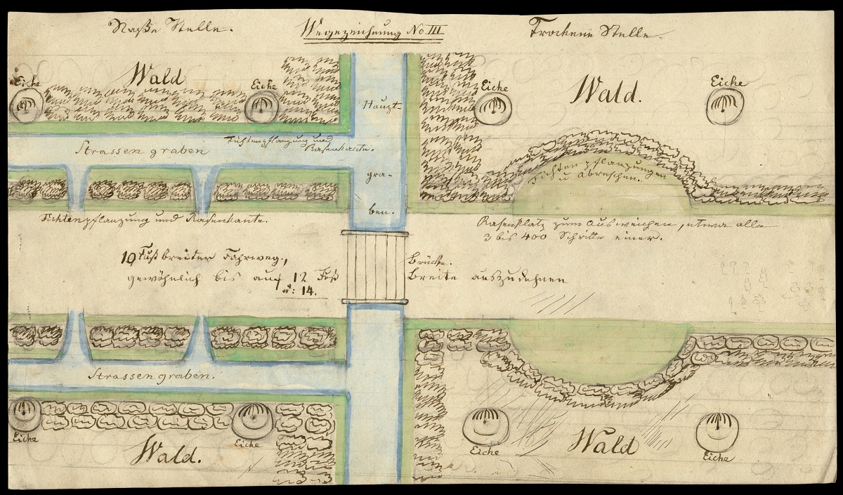 Details der Straßengestaltung, kolorierte Zeichnung, um 1853