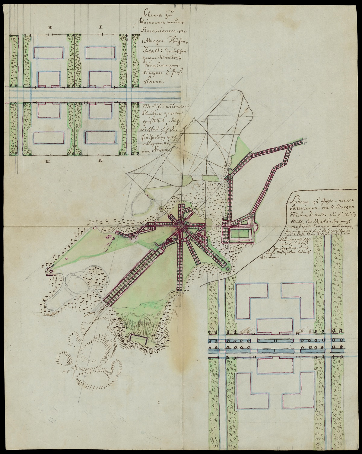 Carlsruhe, Geplante Straßenanlagen und Parzellierung der Grundstücke, die sich um Schloss und Hof gruppieren sollte, um 1834