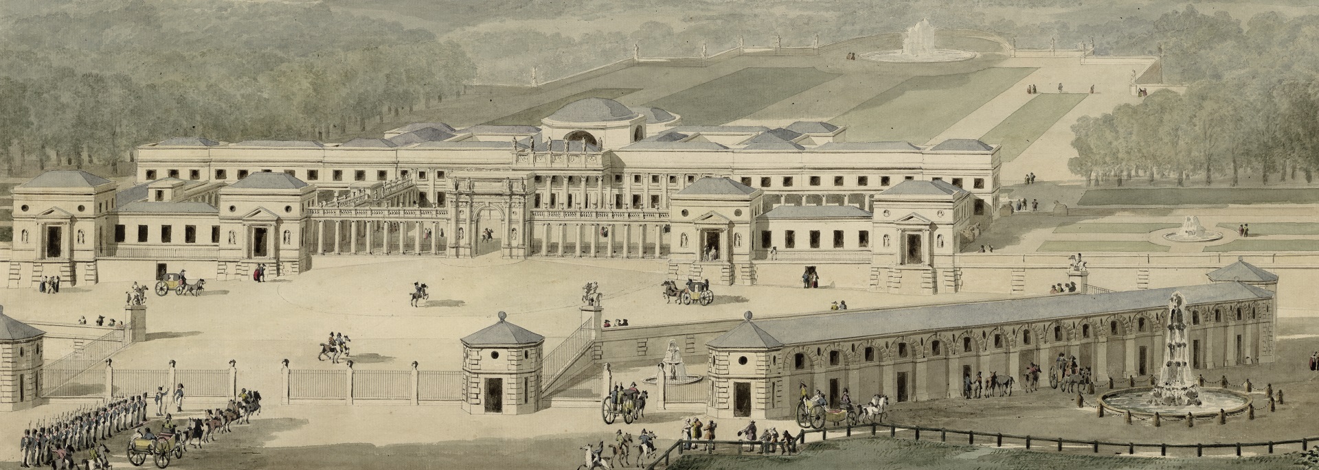 Pierre Fontaines Entwurf zum Landhaus Rosenstein in einer Perspektivenansicht aus dem Jahr 1819
