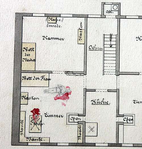 Fein säuberlich skizziert haben die Ermittler den Tatort - das Wohnhaus der Familie Weiß.  Bilder: Alfred Drossel.