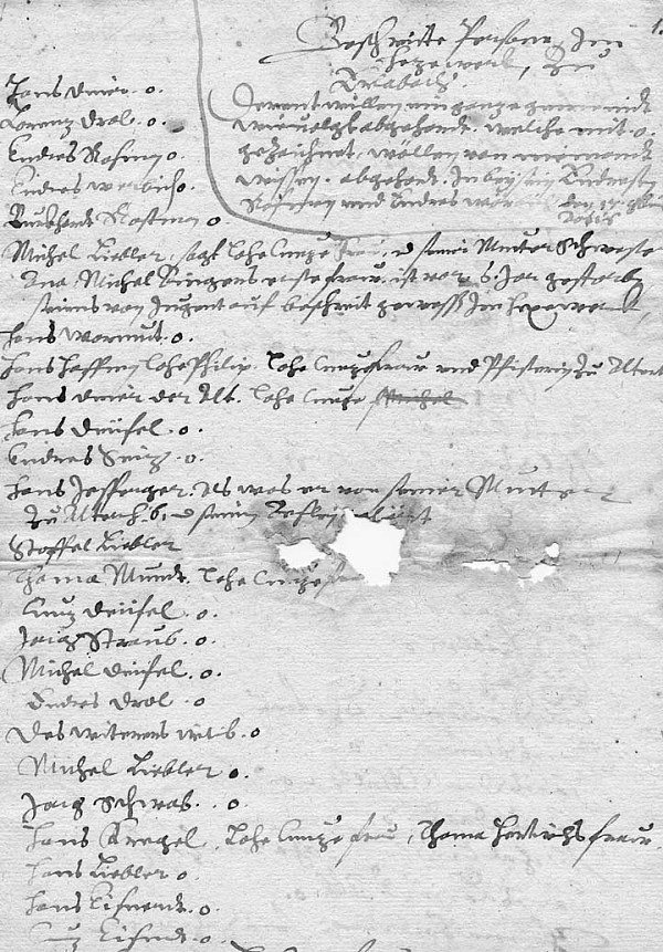Verzeichnis von der Hexerei verdächtigen Personen aus Erlenbach, Main-Spessart-Kreis. Ohne Datum (Signatur: StAWT-F Rep 207 Nr. 5).