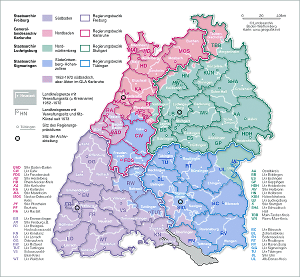 Zuständigkeit der den vier Regierungsbezirken zugeordneten Staatsarchive für Unterlagen der Behörden und Gerichte seit 1952