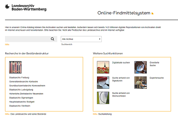 Startseite des Online-Findmittelsystems