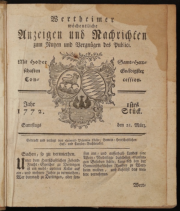 Erste Wertheimer Zeitung vom 21. März 1772 (Ausschnitt) (Vorlage: LABW StAWt S-S 17 Nr. 1) 