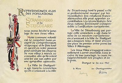 Die Urkunde zur Städtepartnerschaft zwischen Stuttgart und Straßburg vom 26. Mai 1962