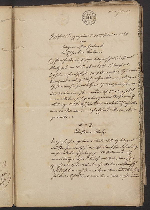 Auswanderungsantrag von Sebastian Walz aus Kuppenheim 1867,  sein Ururenkel Tim Walz aus Nebraska, Gouvernor von Minnesota, kandidiert bei den US-Präsidentschaftswahlen 2024 als Vize von Kamala Harris  