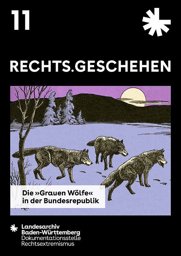 Cover der elften Ausgabe der Zeitschrift RECHTS.GESCHEHEN. Titel: Die Grauen Wölfe der Bundesrepublik. Mittig eine Zeichnung dreier Wölfe in einer Nachtlandschaft.